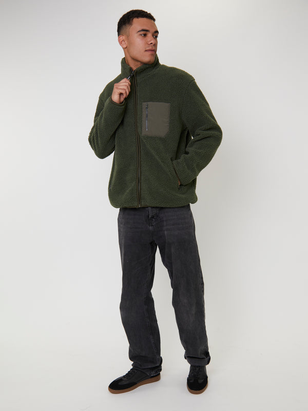 South Beach Men's Green Borg Zip Jacket With Pocket