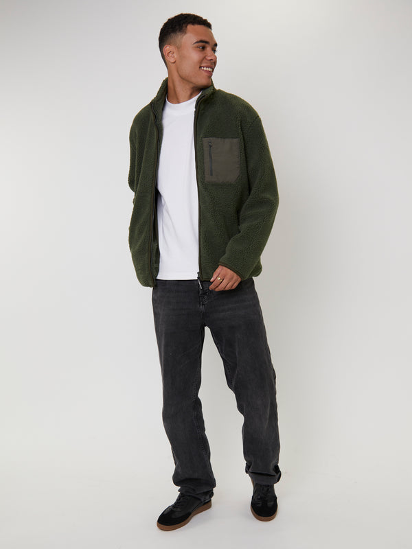 south beach Men's Green Borg Zip Jacket With Pocket