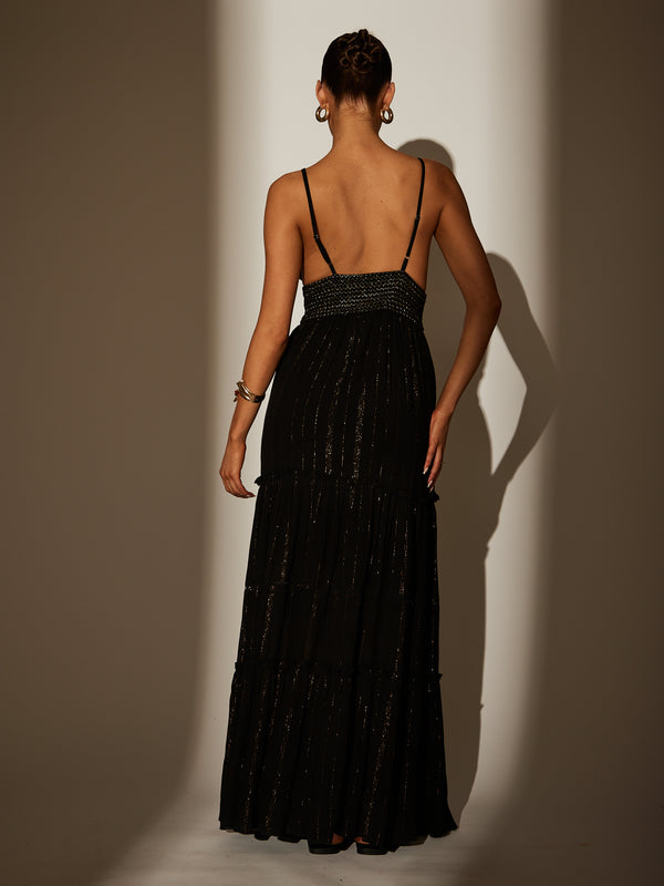South Beach Metallic Cami Stripe Maxi Dress In Black