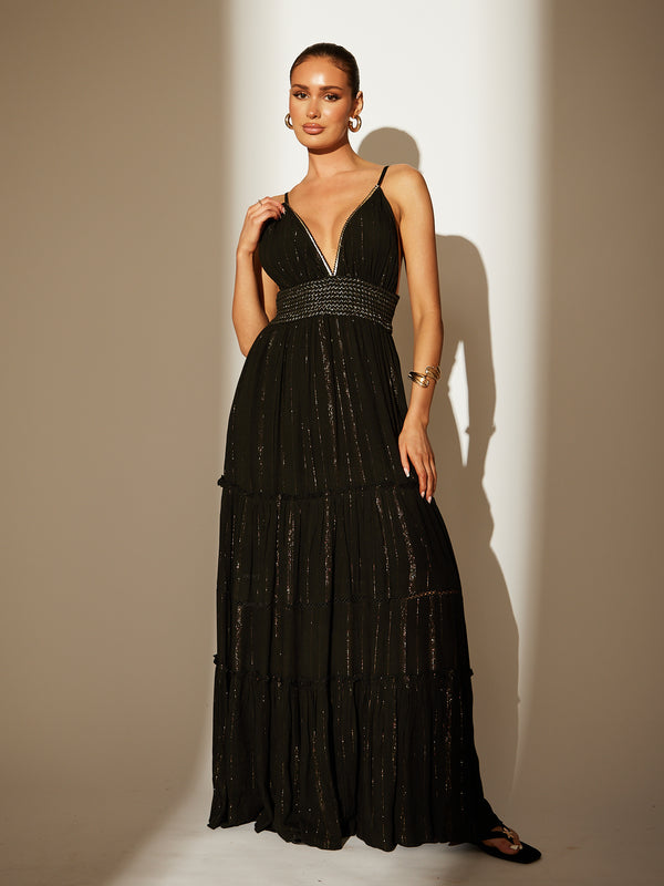 south beach Metallic Cami Stripe Maxi Dress in Black