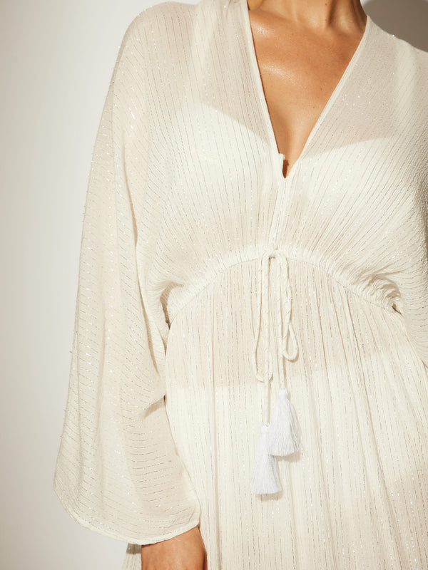 South Beach Metallic Kimono Sleeve Beach Maxi Dress In White