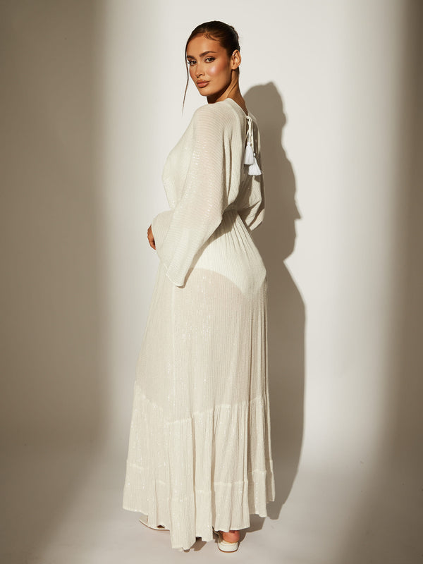 South Beach Metallic Kimono Sleeve Beach Maxi Dress In White
