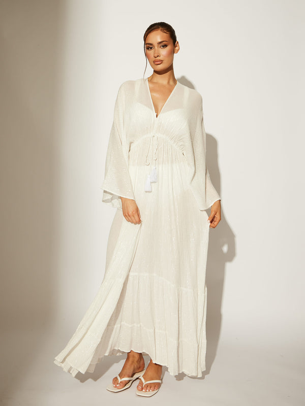 south beach Metallic Kimono Sleeve Beach Maxi Dress in White