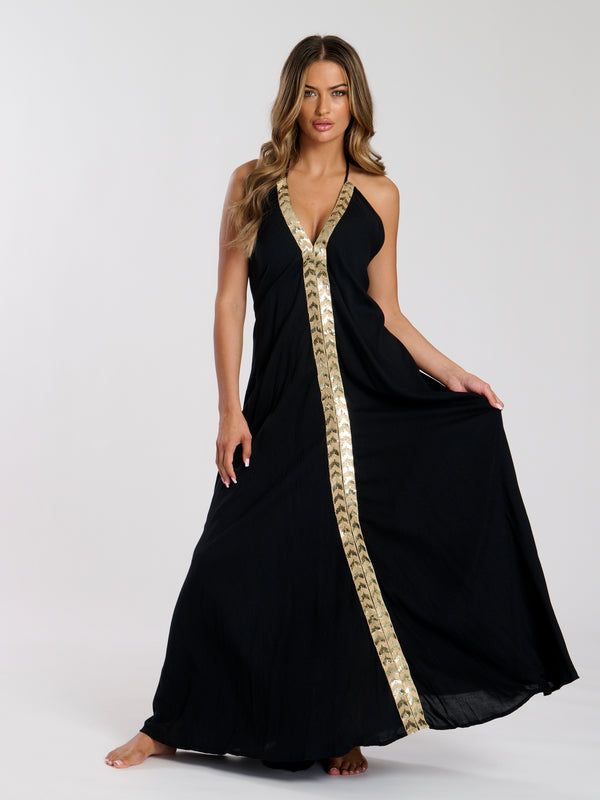 South Beach Monument Sequin Plunge Maxi Dress In Black