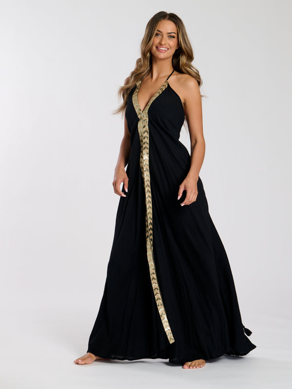 south beach Monument Sequin Plunge Maxi Dress in Black