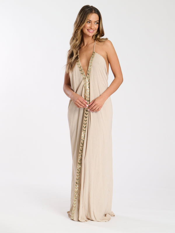 South Beach Monument Sequin Plunge Maxi Dress In Stone