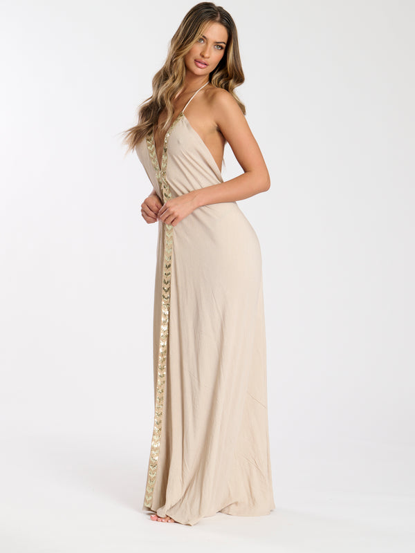 south beach Monument Sequin Plunge Maxi Dress in Stone