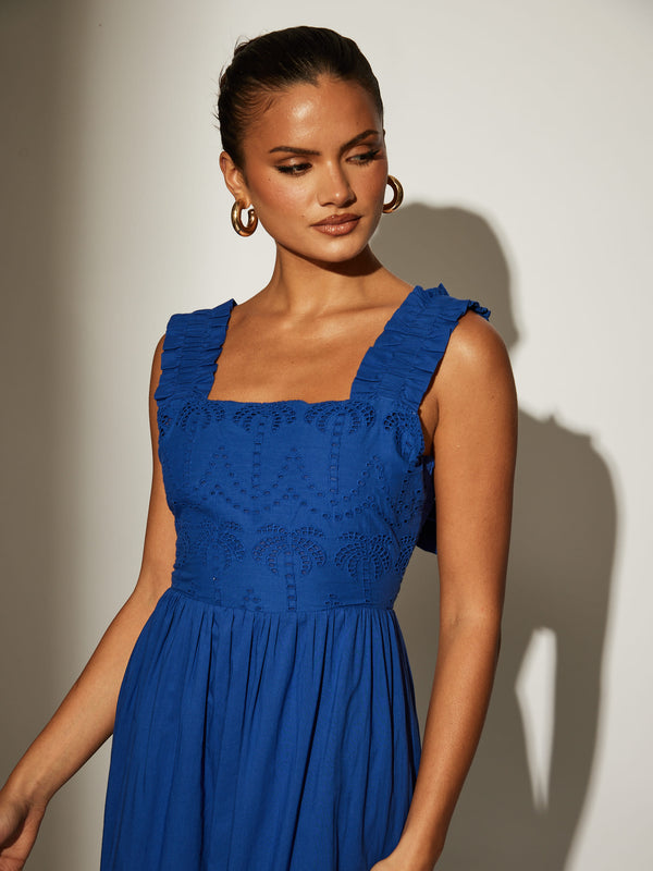 South Beach Palm Broderie Tie Back Maxi Dress In Cobalt Blue