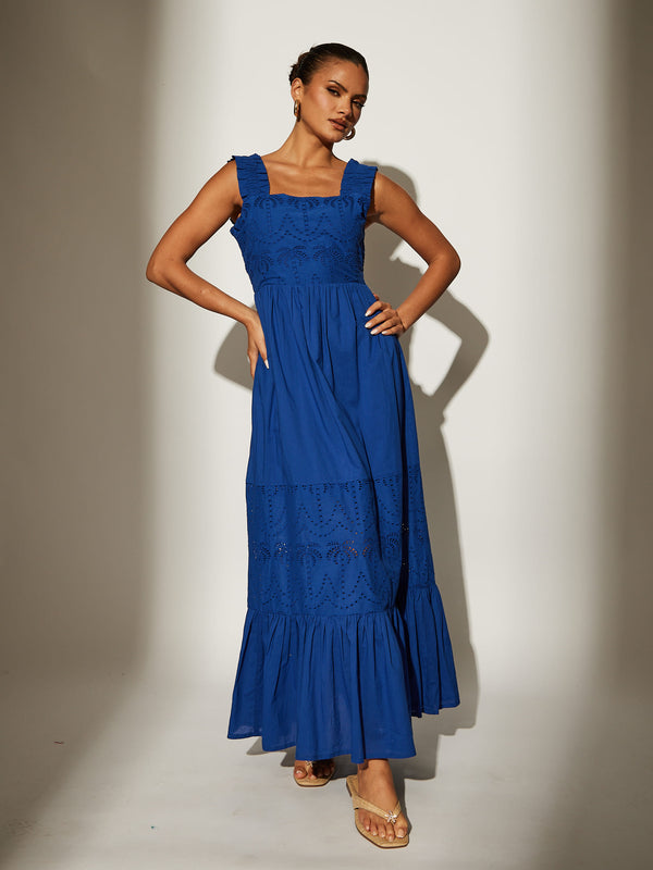 South Beach Palm Broderie Tie Back Maxi Dress In Cobalt Blue