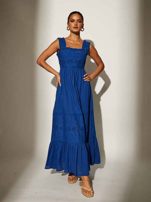 south beach Palm Broderie Tie Back Maxi Dress in Cobalt Blue