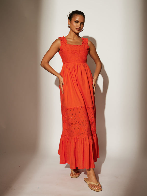 South Beach Palm Broderie Tie Back Maxi Dress In Tangerine