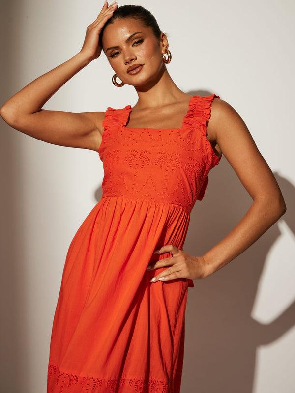 South Beach Palm Broderie Tie Back Maxi Dress In Tangerine