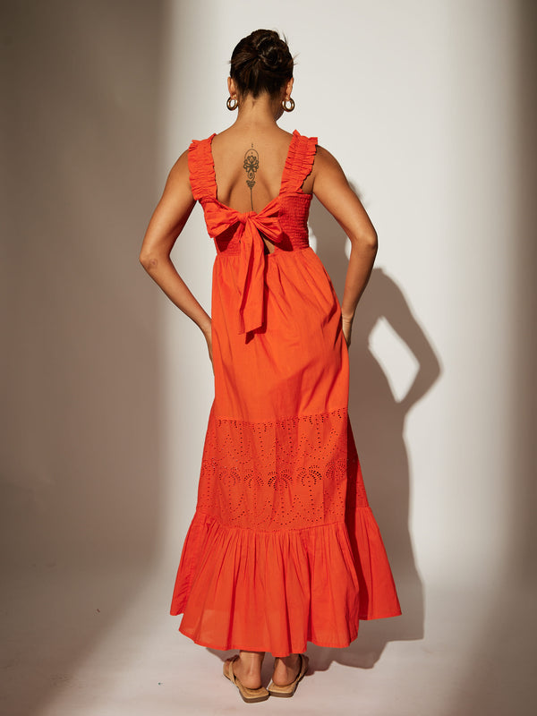 south beach Palm Broderie Tie Back Maxi Dress in tangerine