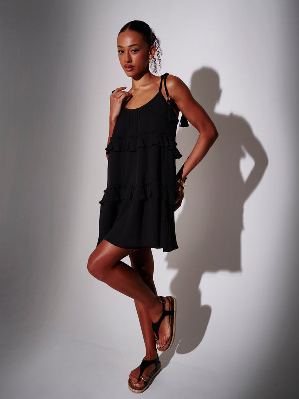 south beach Playa Tiered Cotton Mini Dress in Black