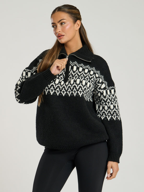 south beach S'mores Fair Isle Half Zip Jumper in Black