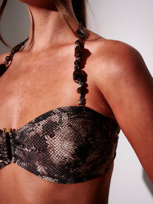 South Beach Serene Bead Detail Bandeau Bikini Top In Snakeskin