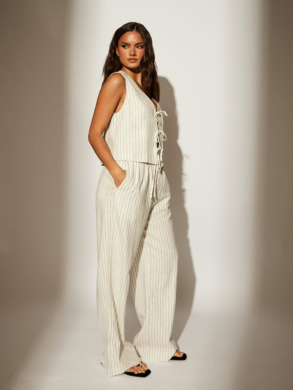 South Beach Slack Striped Linen Blend Trouser In Cream