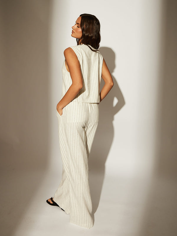 South Beach Slack Striped Linen Blend Trouser In Cream