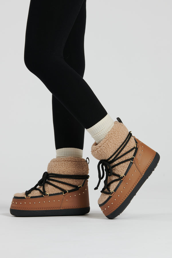 South Beach Slope Borg Detail Snow Boots In Toffee & Black