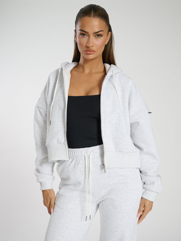 South Beach Slouch Cropped Funnel Neck Zip Up Sweat In Grey