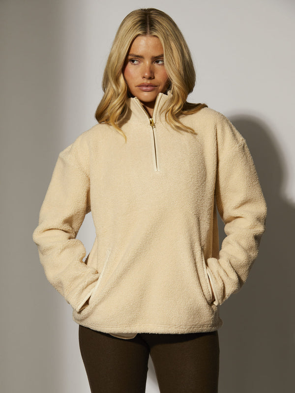 South Beach Snug 1/4 Zip Faux Shearling Top In Cream