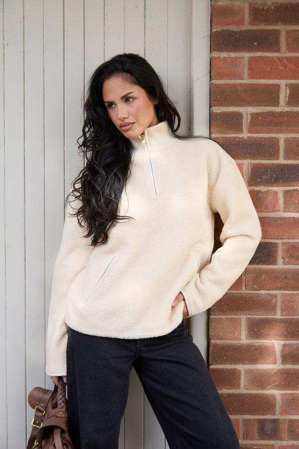 south beach Snug 1/4 Zip Faux Shearling Top in Cream