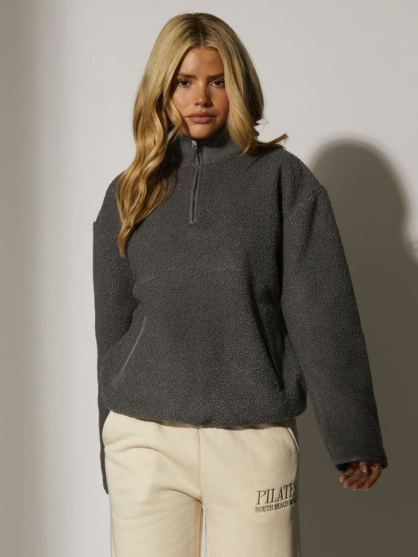 South Beach Snug 1/4 Zip Faux Shearling Top In Grey