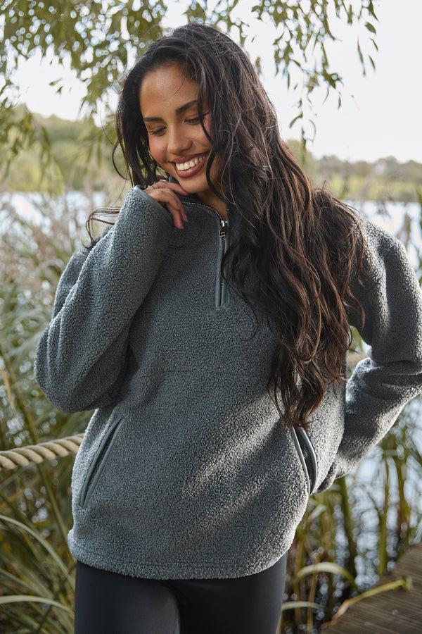 south beach Snug 1/4 Zip Faux Shearling Top in Grey