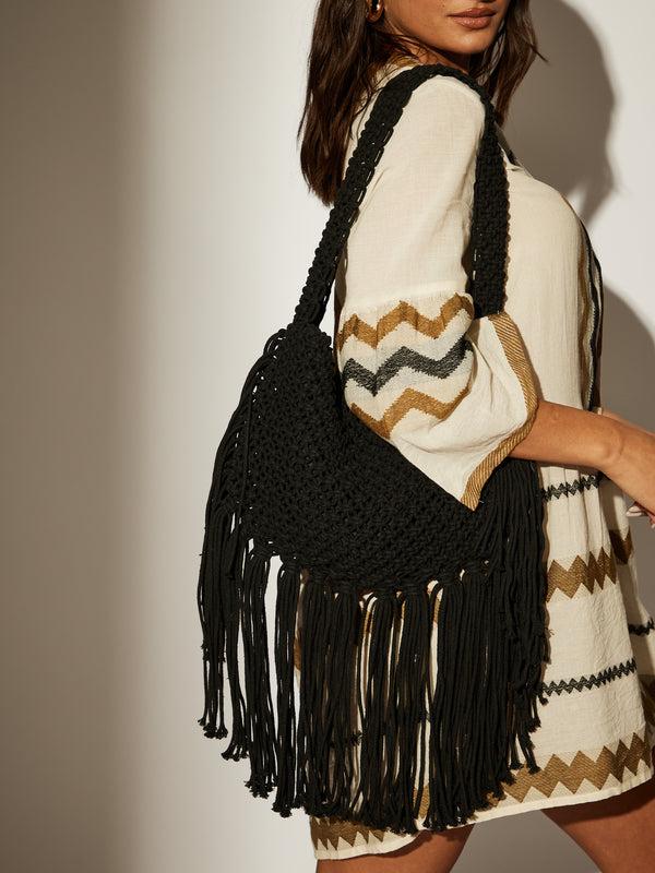 South Beach 100% Cotton Fringe Bag In Black