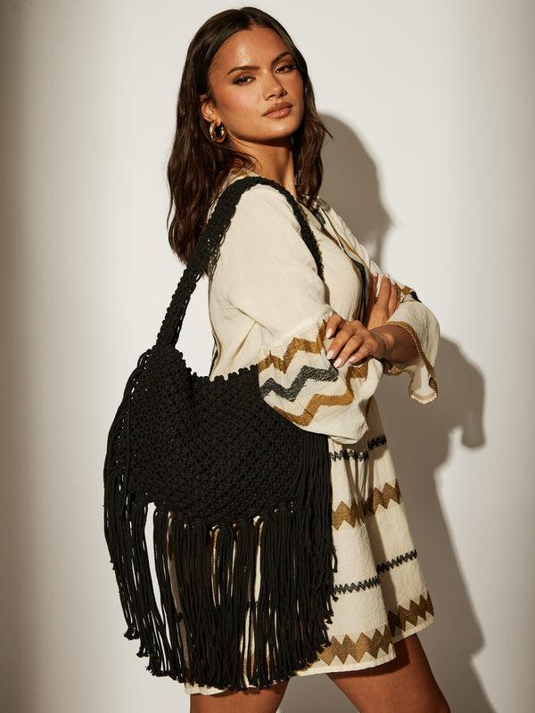 south beach 100% Cotton Fringe Bag in Black