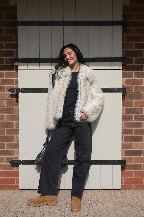 South Beach Bambi Faux Fur Jacket In Beige