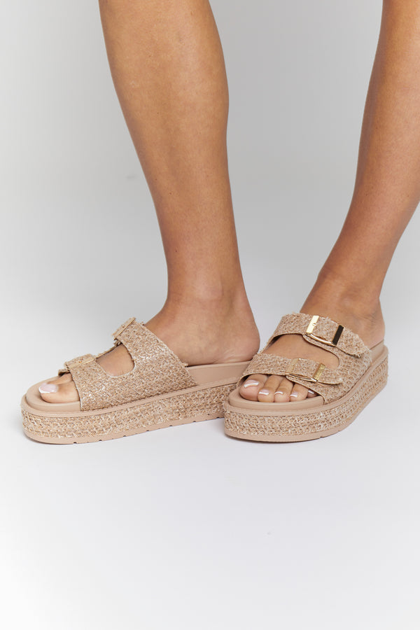 South Beach Beige Double Buckle Platform Wedge