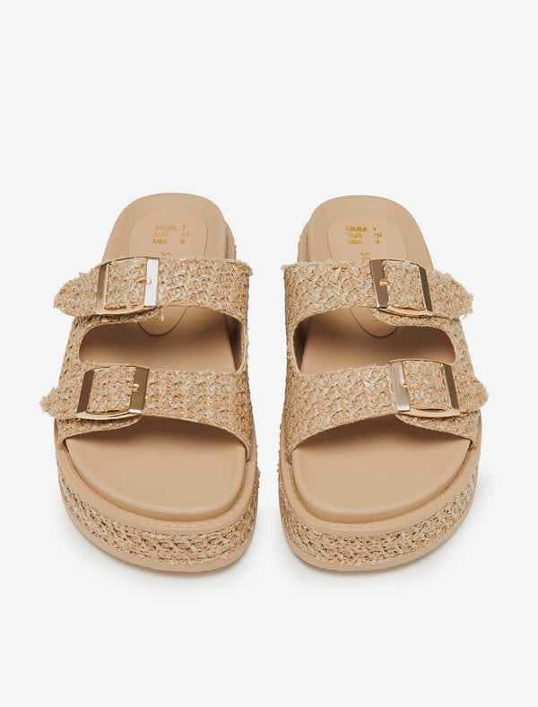 South Beach Beige Double Buckle Platform Wedge