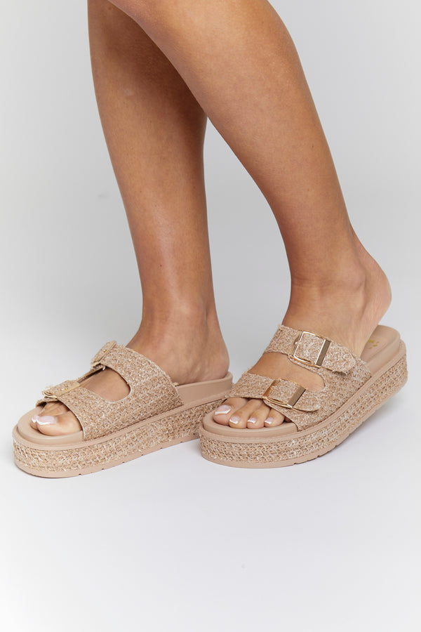 south beach Beige Double Buckle Platform Wedge