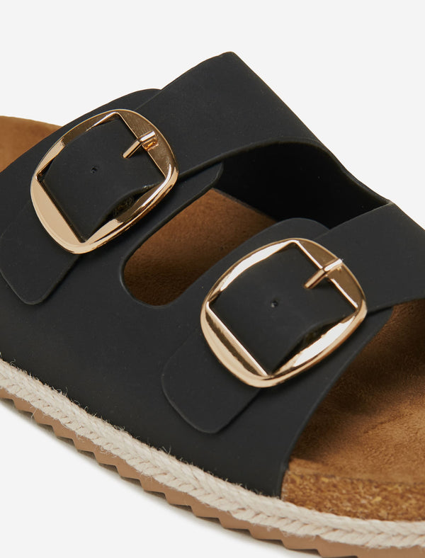 South Beach Black Double Buckle Espadrille Sandals