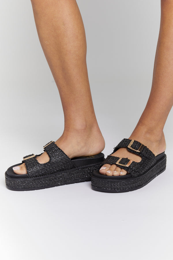 South Beach Black Double Buckle Platform Wedge