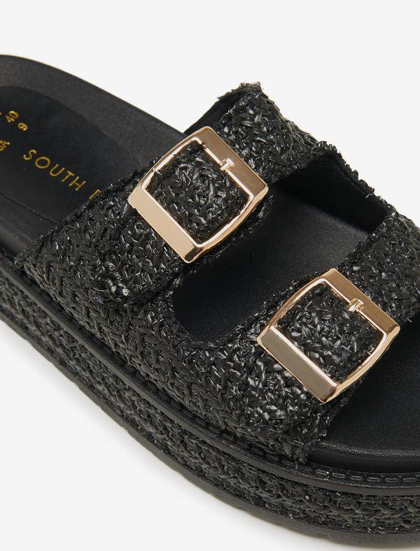 South Beach Black Double Buckle Platform Wedge