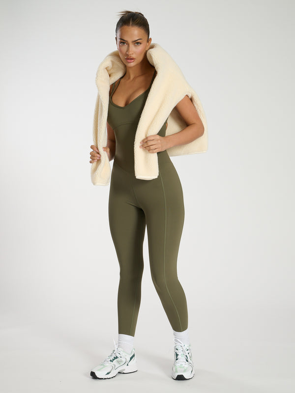 South Beach Contour Strappy Unitard In Khaki