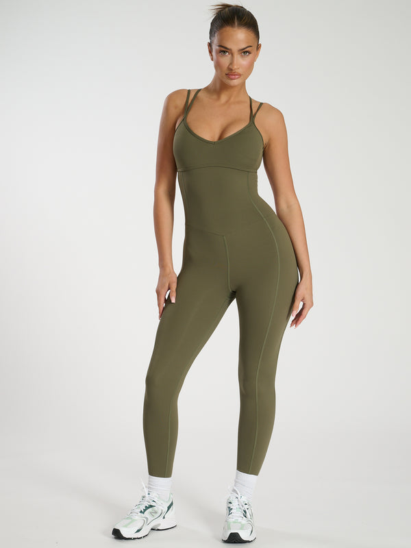 South Beach Contour Strappy Unitard In Khaki