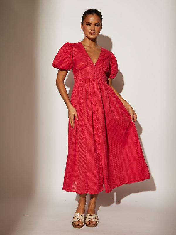 South Beach Darling Puff Sleeve Midi Dress In Pink