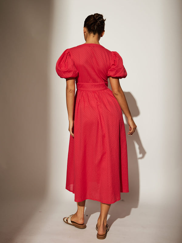 South Beach Darling Puff Sleeve Midi Dress In Pink