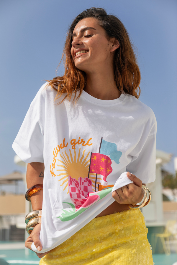 South Beach Festival Motif Oversized Tee In White