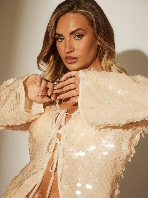 South Beach Fiesta Sequin Tie Top In Vanilla