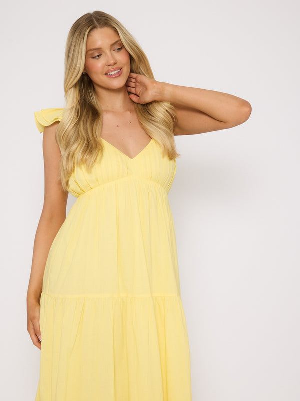 South Beach Frill Cotton Maxi Dress In Yellow
