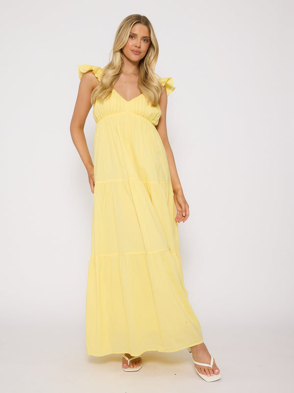 South Beach Frill Cotton Maxi Dress In Yellow