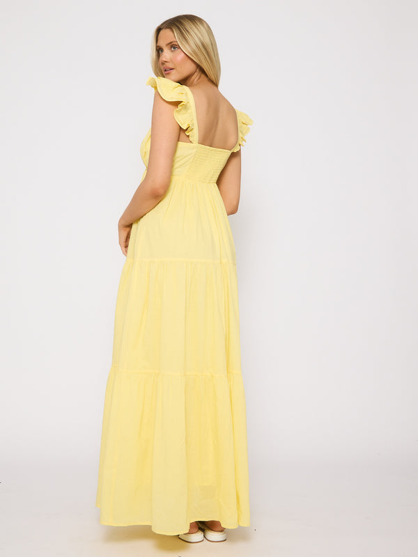 South Beach Frill Cotton Maxi Dress In Yellow