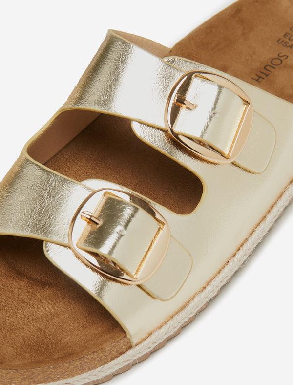 South Beach Gold Double Buckle Espadrille Sandals