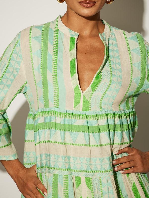 South Beach Green Jacquard 3/4 Sleeve Tiered Dress