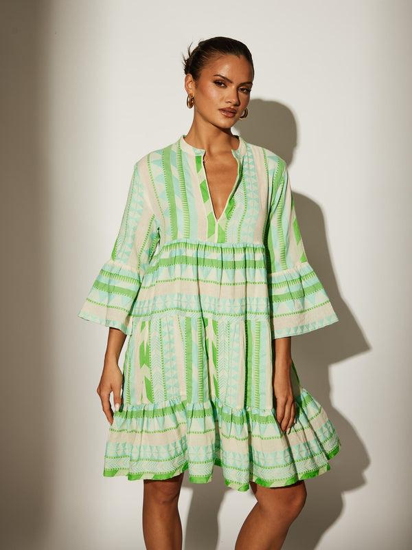 South Beach Green Jacquard 3/4 Sleeve Tiered Dress