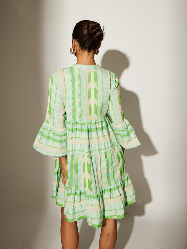South Beach Green Jacquard 3/4 Sleeve Tiered Dress